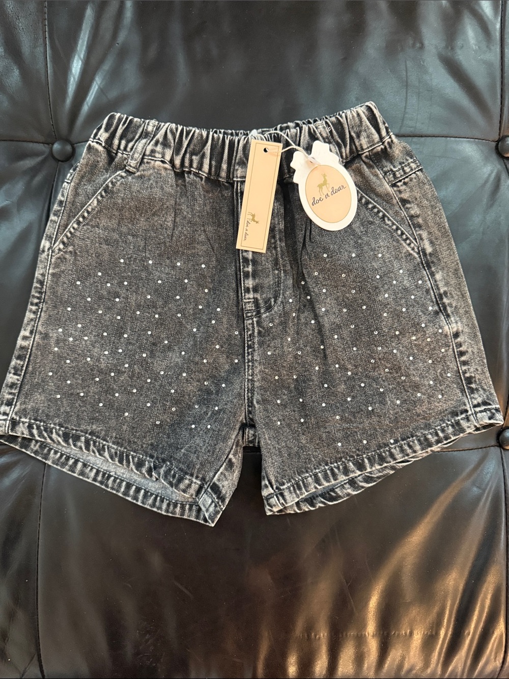 Doe & Dear Black Washed Denim Shorts with Rhinestones